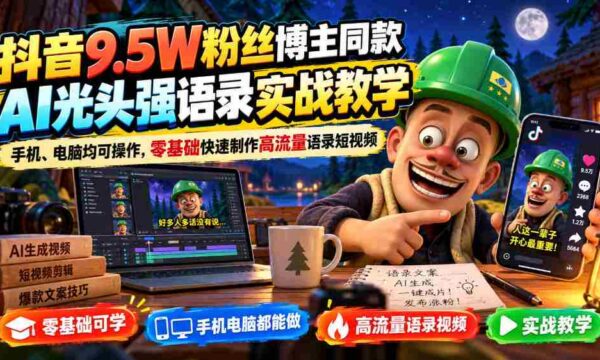 抖音9.5W粉丝博主同款AI光头强语录实战教学，手机、电脑均可操作，零基础快速制作高流量语录短视频