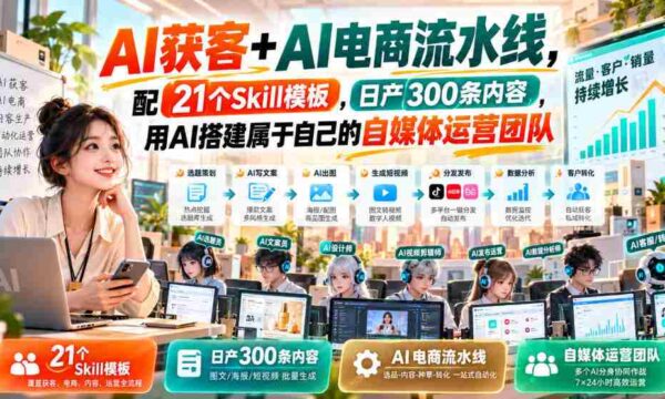 AI赋能客户获取与电商全链路，配备21款技能模板，每日产出300篇内容，AI助力打造个性化自媒体运营团队