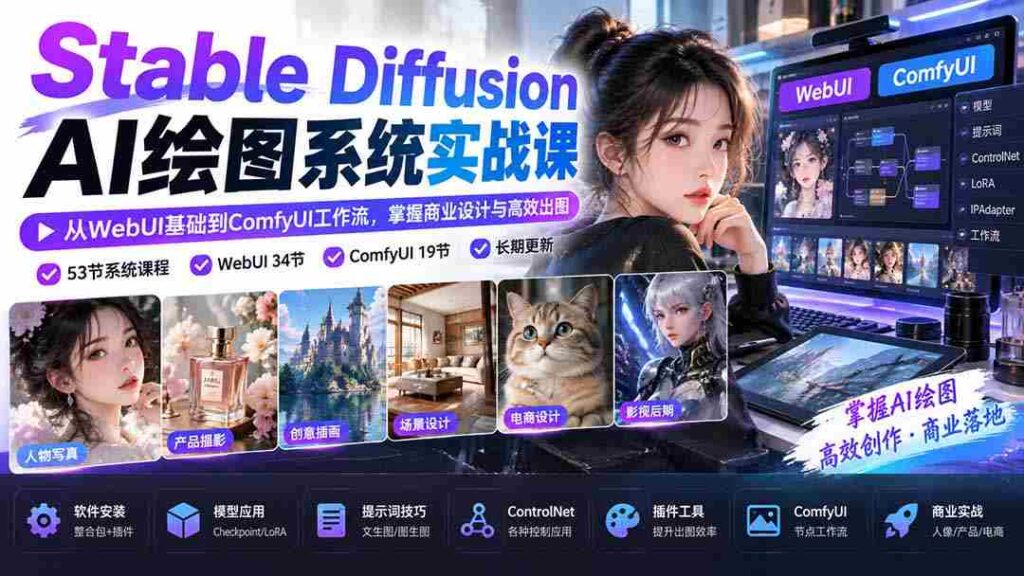 探索Stable Diffusion AI绘图奥秘：从WebUI入门到ComfyUI高效流程，商业设计技能轻松提升