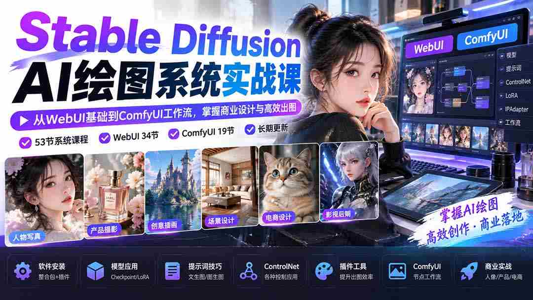 探索Stable Diffusion AI绘图奥秘：从WebUI入门到ComfyUI高效流程，商业设计技能轻松提升