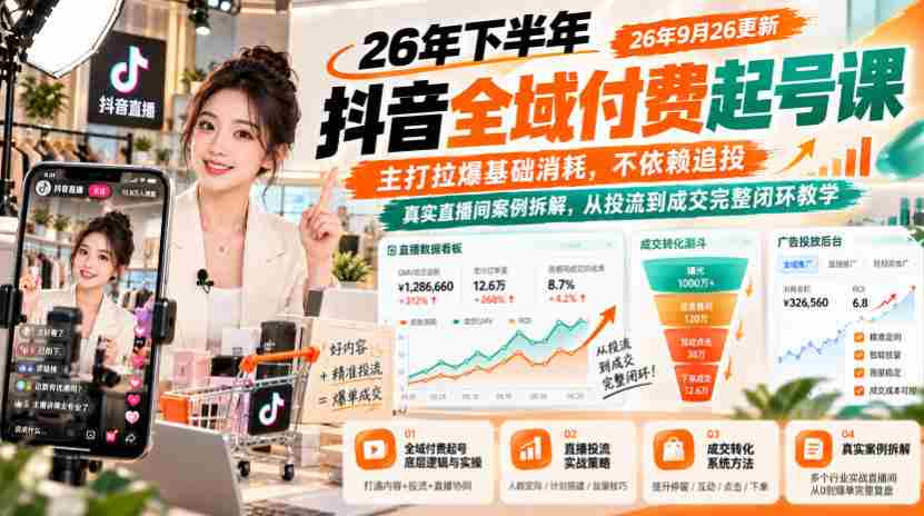 抖音付费课程26年秋季全新上线：9月26日更新，聚焦基础消耗策略，摆脱追投依赖，深度解析真实直播间案例，涵盖从投流到成交的全过程教学闭环
