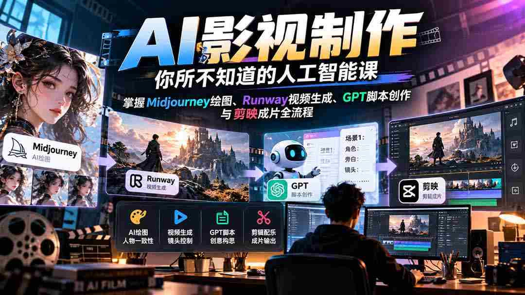 揭秘AI影视制作奥秘：深度学习Midjourney绘图、Runway视频制作、GPT脚本编写与剪映剪辑全攻略