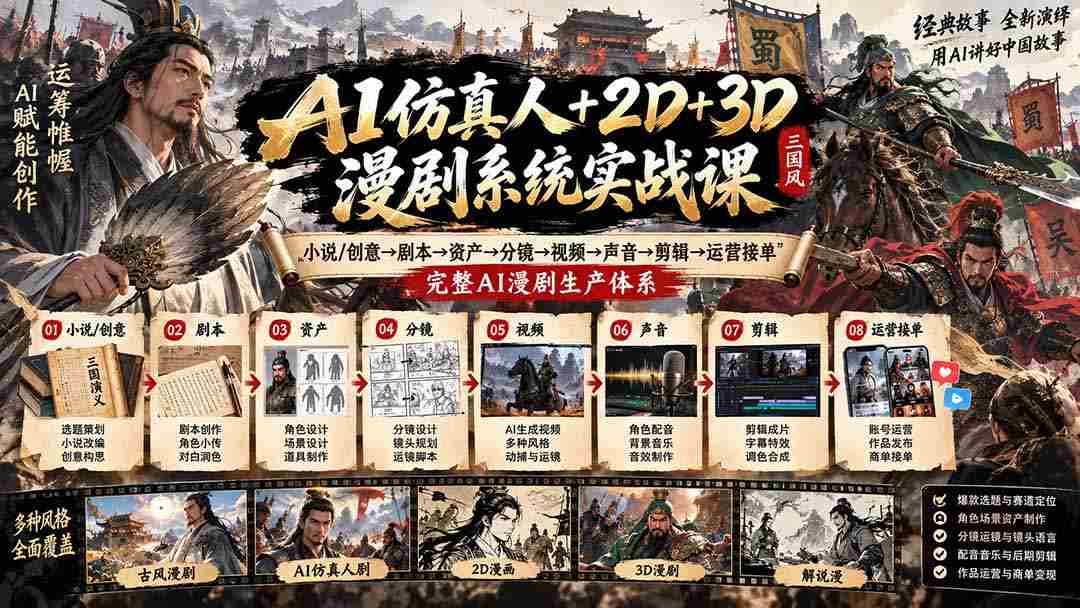 从小说创意到运营接单，AI全链路漫剧制作课程：2D、3D技术融合，打造一站式AI仿真人漫剧制作系统