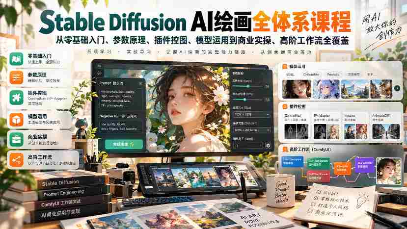一站式掌握】零基础学Stable Diffusion AI绘画，全面覆盖参数原理、插件操控、模型应用及商业实战技巧