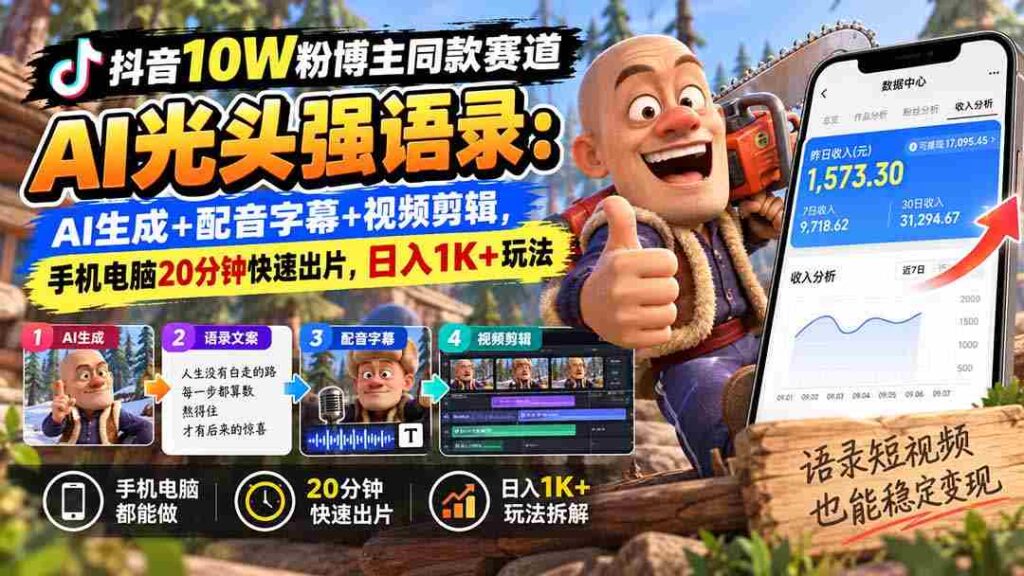 抖音十万粉丝达人热推：AI光头强台词新玩法，智能生成+语音字幕+视频剪辑，仅需手机电脑20分钟，轻松日赚千元