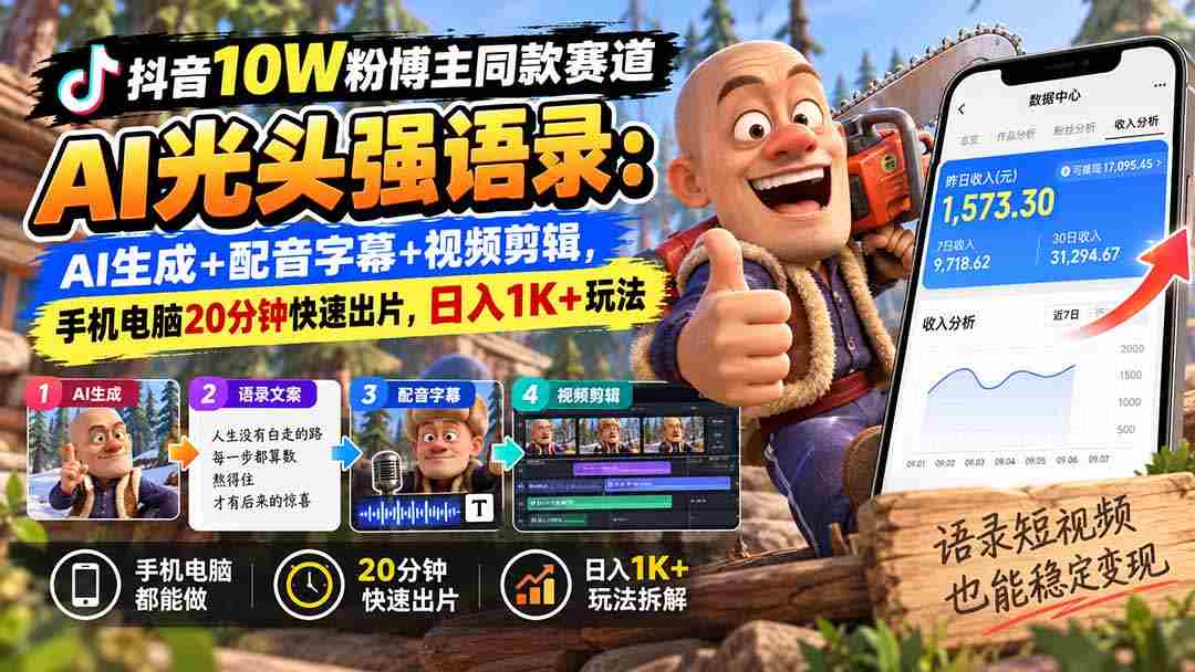 抖音十万粉丝达人热推：AI光头强台词新玩法，智能生成+语音字幕+视频剪辑，仅需手机电脑20分钟，轻松日赚千元