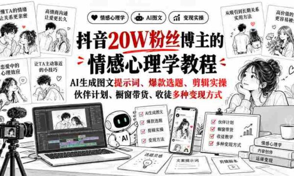 揭秘抖音20万粉丝达人：深度解析情感心理学课程，AI打造图文攻略、热门选题、剪辑技巧，全方位解析伙伴计划、橱窗销售、收徒赚钱多途径