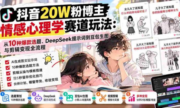 揭秘抖音20万粉丝大V的情感心理领域攻略：精选10大热门选题，深度解析DeepSeek关键词，豆包生图与剪辑技巧，全方位变现攻略一网打尽