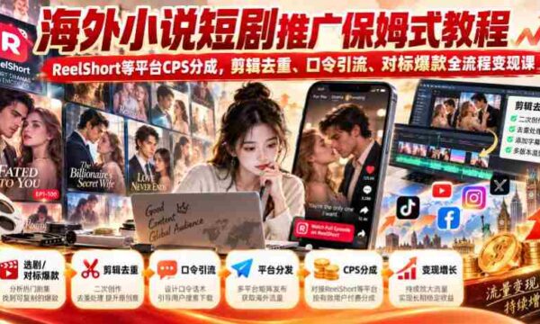 海外轻小说短视频营销指南：ReelShort等平台CPS收益解析，剪辑技巧、关键词引流、爆款对标，全方位变现课程攻略