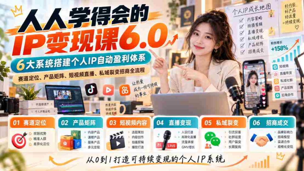 揭秘：无需高深技能的IP变现攻略6.0版，构建六大盈利系统，精准定位赛道，打造产品矩阵，短视频与直播引流，私域裂变招商一步到位