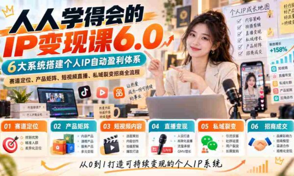 揭秘：无需高深技能的IP变现攻略6.0版，构建六大盈利系统，精准定位赛道，打造产品矩阵，短视频与直播引流，私域裂变招商一步到位