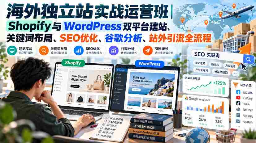 海外独立站实战运营班｜Shopify与WordPress双平台建站、关键词布局、SEO优化、谷歌分析、站外引流全流程