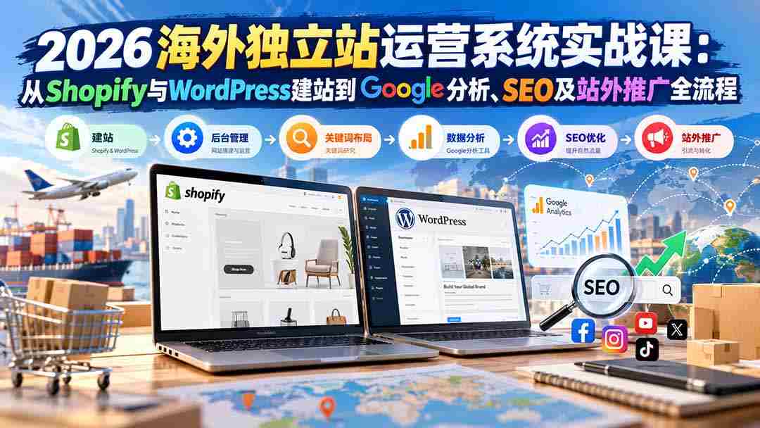 2026海外独立站运营系统实战课：从Shopify与WordPress建站到Google分析、SEO及站外推广全流程