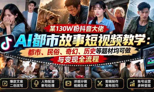 某130W粉抖音大佬AI都市故事短视频教学：都市、民俗、奇幻、历史等题材均可做与变现全流程