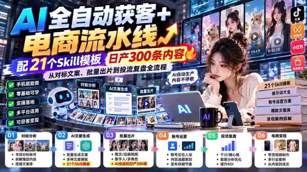 全新升级】AI智能化客户获取+电商内容生产线-最新版0928：附赠21款技能模板，日产出300篇高质量内容，涵盖对标文案、批量制作和投放广告的全环节