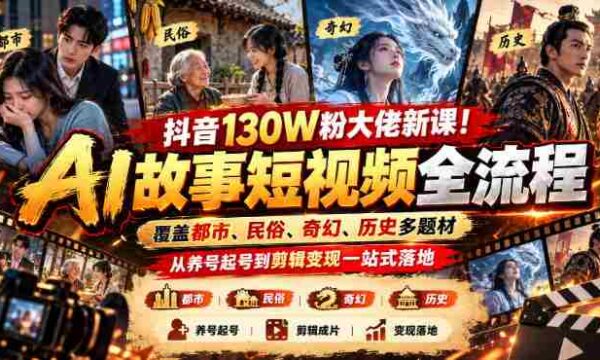 揭秘抖音百万粉丝达人全新课程：全方位AI短视频制作攻略，涵盖城市、民间、魔幻、历史等多种题材，从账号运营到视频剪辑、收益变现一网打尽
