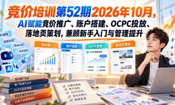 2026年10月第52期无水印竞价培训：AI助力，全面掌握推广、账户构建、OCPC投放与落地页设计，新手进阶与高手提升两不误