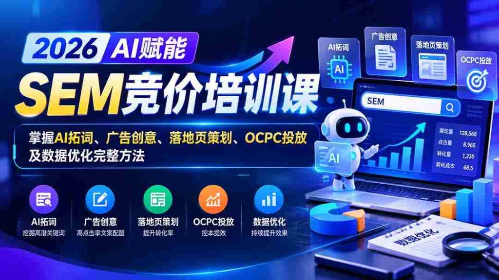 2026AI加持SEM竞价实战课程：全解析AI关键词拓展、广告构思、着陆页策略、OCPC投放与数据精细化处理技巧