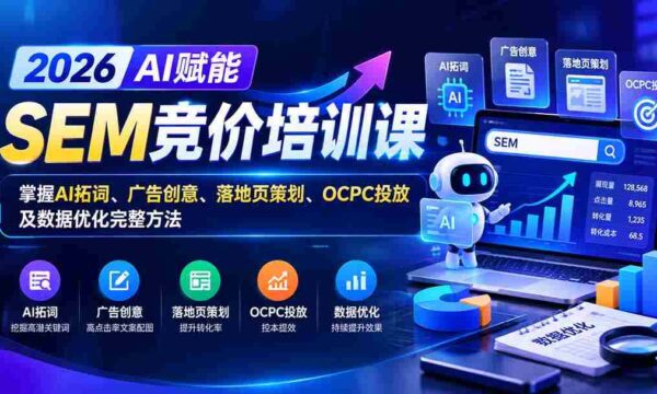 2026AI加持SEM竞价实战课程：全解析AI关键词拓展、广告构思、着陆页策略、OCPC投放与数据精细化处理技巧