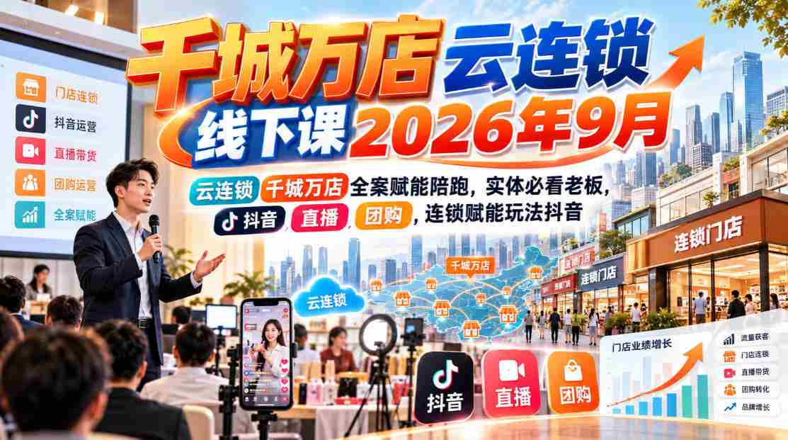 千城万店云连锁线下课2026年9月，云连锁千城万店全案赋能陪跑，实体必看老板，抖音，直播，团购，连锁赋能玩法抖音