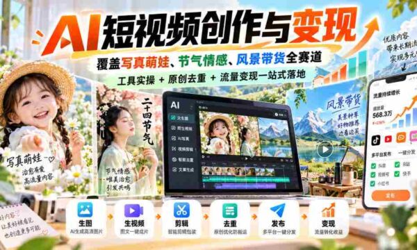 探索AI短视频全领域创作与盈利，涵盖萌娃写真、节气情感、风光带货，一网打尽工具应用、原创去重、流量变现全攻略