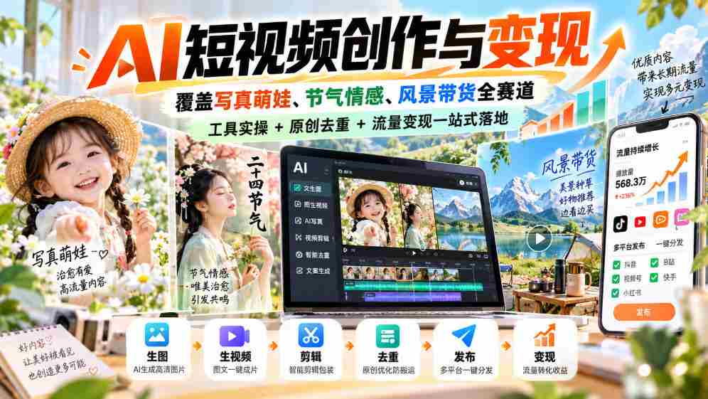 探索AI短视频全领域创作与盈利，涵盖萌娃写真、节气情感、风光带货，一网打尽工具应用、原创去重、流量变现全攻略