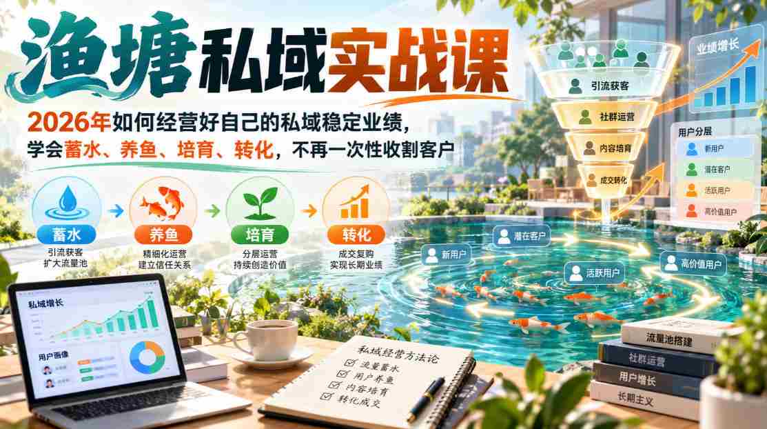 渔塘私域实战课，2026年如何经营好自己的私域稳定业绩，学会蓄水、养鱼、培育、转化，不再一次性收割客户