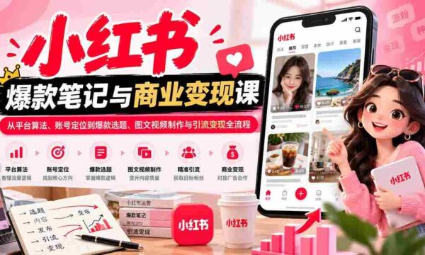 2026小红书爆款笔记与商业变现课：从平台算法、账号定位到爆款选题、图文视频制作与引流变现全流程
