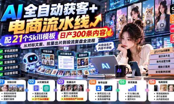 全新升级-AI一键抓客+电商自动化生产线-最新0929版：含21款技能模板，日产出300篇内容，涵盖文案对标、批量制作及推广投放全环节