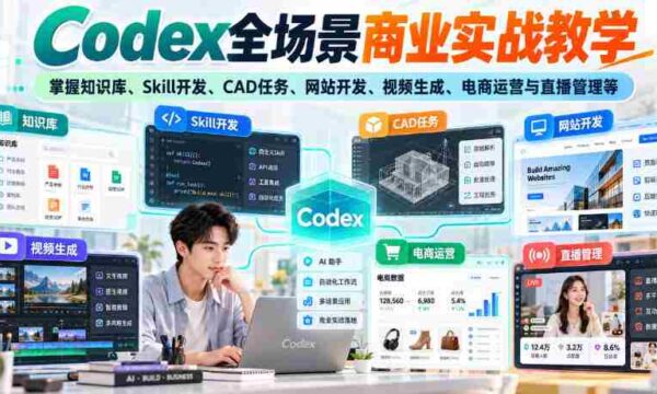解锁商业实战！Codex全攻略：知识库、Skill开发、CAD操作、网站搭建、视频制作、电商运营及直播技巧一网打尽