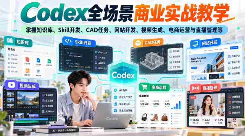解锁商业实战！Codex全攻略：知识库、Skill开发、CAD操作、网站搭建、视频制作、电商运营及直播技巧一网打尽
