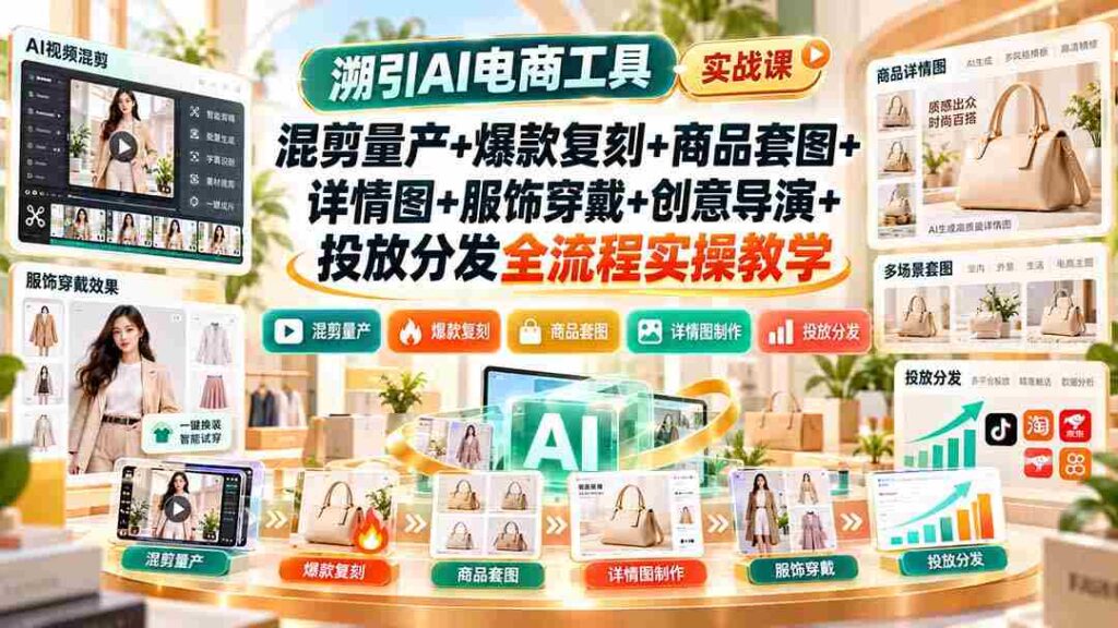 AI电商工具实战攻略：全方位解析混剪量产、爆款复制、商品图制作、服饰展示、创意执导及投放分发的全链路实操技巧