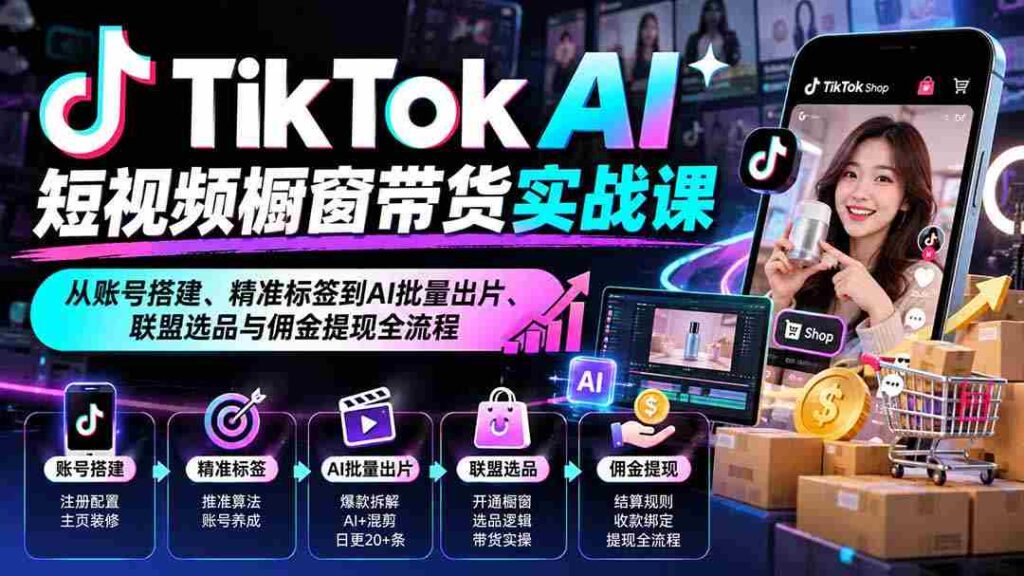TikTok AI短视频橱窗带货实战课：从账号搭建、精准标签到AI批量出片、联盟选品与佣金提现全流程