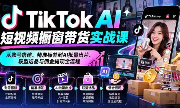 TikTok AI短视频橱窗带货实战课：从账号搭建、精准标签到AI批量出片、联盟选品与佣金提现全流程