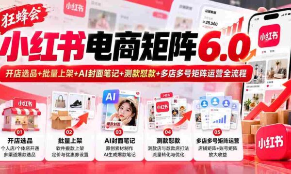 全新升级】狂蜂会小红书电商版图6.0：一站式开店选品、批量上架、AI封面笔记、测款对抗、多店多号矩阵运营攻略