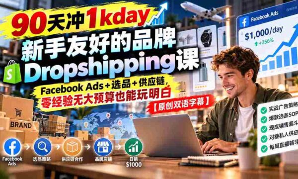 仅需90天，轻松达成1000天销量目标！新手必看：轻松掌握Dropshipping秘诀，Facebook广告、精选产品及供应链全解析【独家双语教学