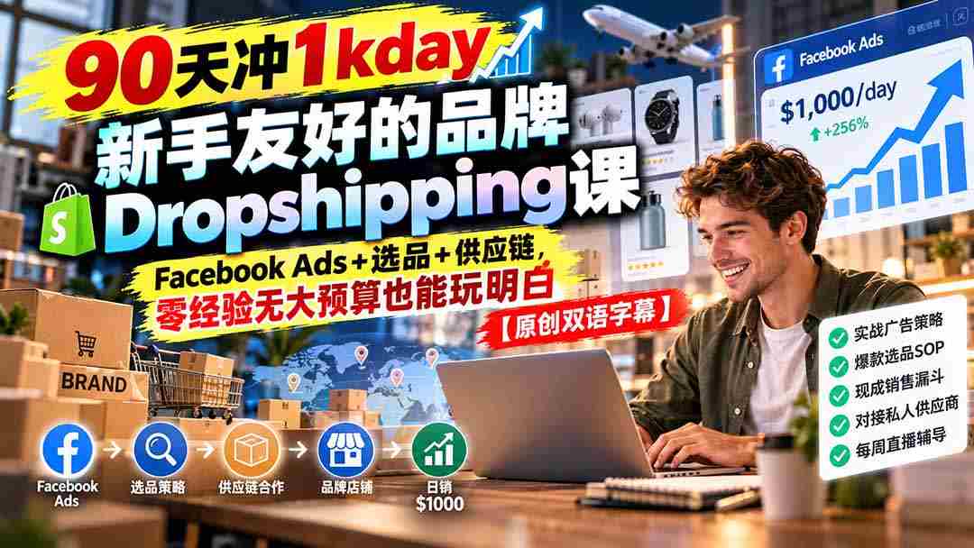 仅需90天，轻松达成1000天销量目标！新手必看：轻松掌握Dropshipping秘诀，Facebook广告、精选产品及供应链全解析【独家双语教学