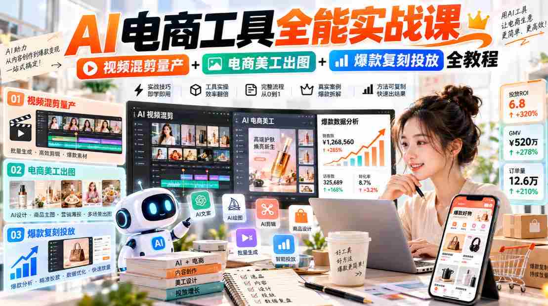 AI电商工具全能实战教学，视频混剪量产+电商美工出图+爆款复刻投放全教程​