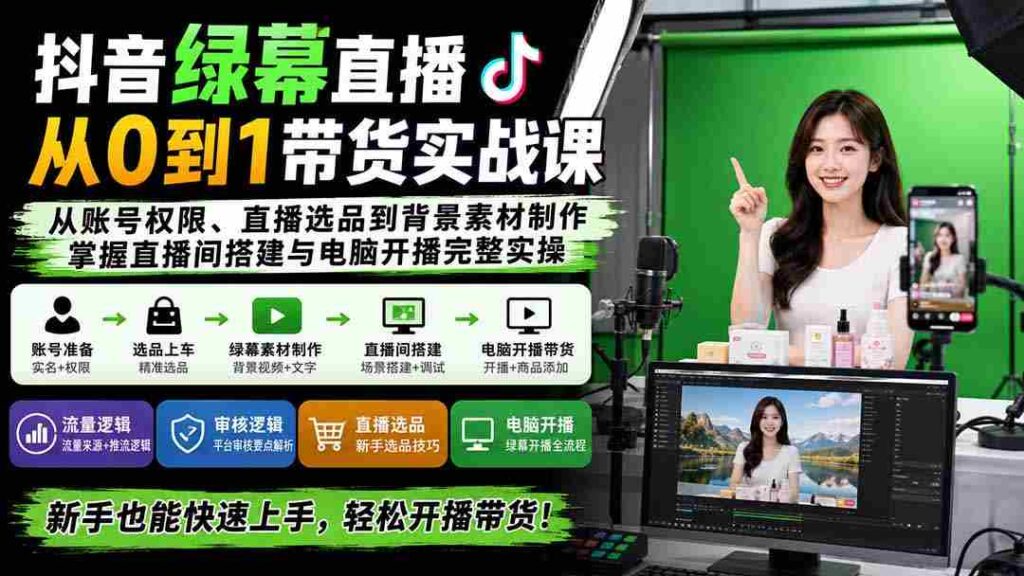 （20224期）抖音绿幕直播从0到1带货实战课：从账号权限、直播选品到背景素材制作，掌握直播间搭建与电脑开播完整实操