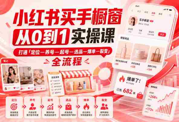 小红书买手橱窗从0到1实操课，打通「定位—养号—起号—选品—爆单—裂变」全流程