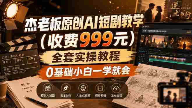 杰老板原创AI短剧教学（收费999元），全套实操教程，0基础小白一学就会，非搬运技术