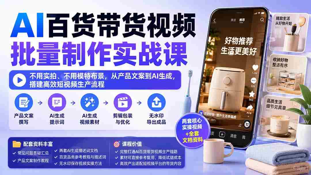 （20179期）AI百货带货视频批量制作实战课：不用实拍、不用模特布景，从产品文案到AI生成，搭建高效短视频生产流程