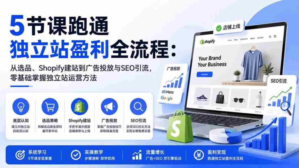 （20216期）5节课跑通独立站盈利全流程：从选品、Shopify建站到广告投放与SEO引流，零基础掌握独立站运营方法