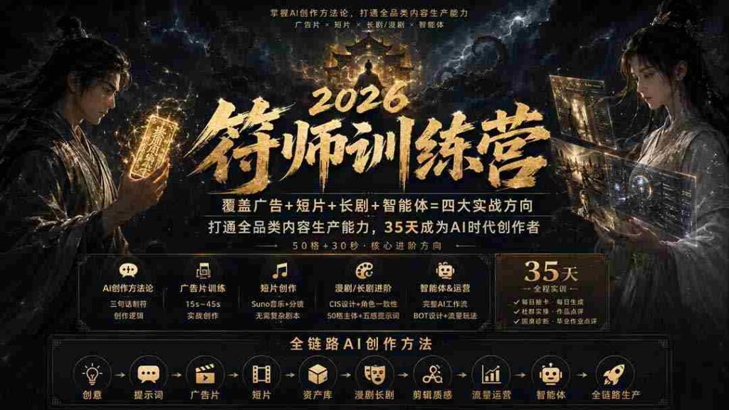 （20186期）符师训练营-35天成为AI时代创作者，广告+短片+长剧+智能体四大实战方向，掌握从创意到上线的完整工作流
