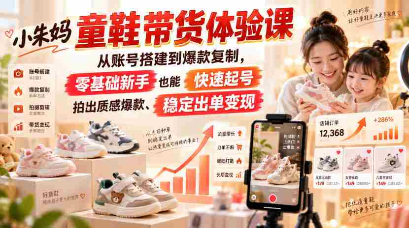 小朱妈童鞋带货体验课，从账号搭建到爆款复制，零基础新手也能快速起号、拍出质感爆款、稳定出单变现