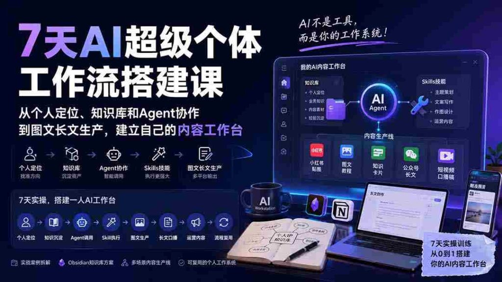 （20190期）7天AI超级个体工作流搭建课：从个人定位、知识库和Agent协作到图文长文生产，建立自己的内容工作台