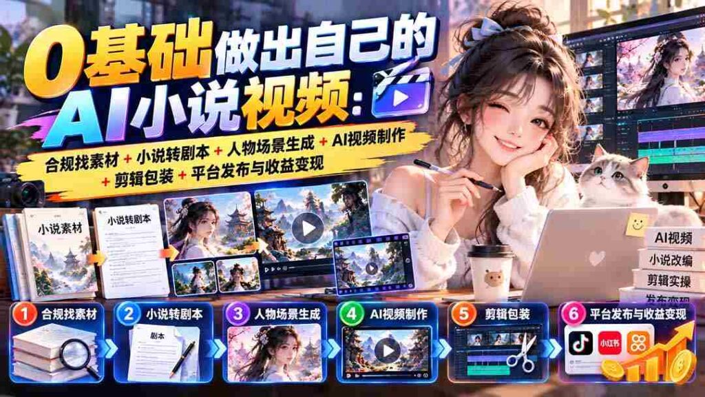 从零开始打造专属AI小说视频：合法搜集素材，小说改编剧本，塑造人物场景，AI视频创作，剪辑与包装，平台发布及收益转化
