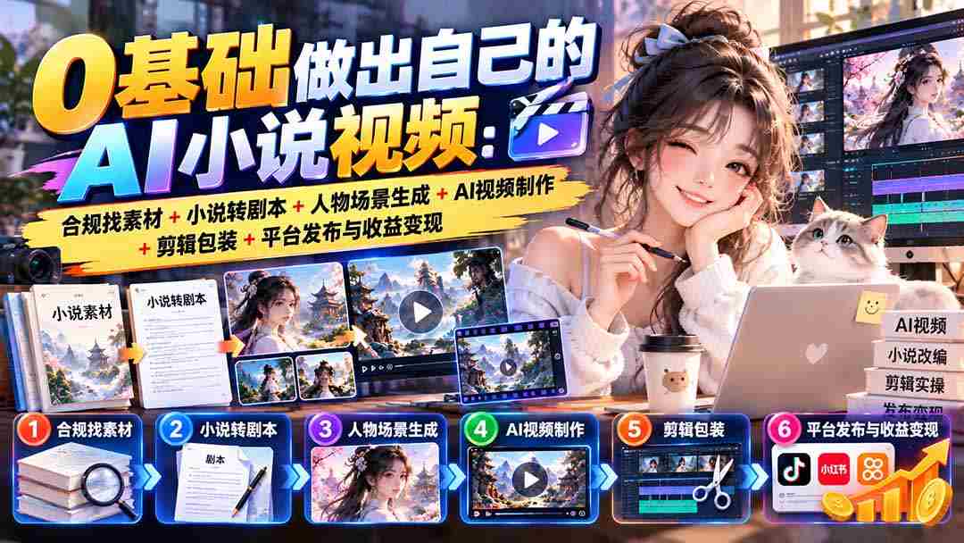 从零开始打造专属AI小说视频：合法搜集素材，小说改编剧本，塑造人物场景，AI视频创作，剪辑与包装，平台发布及收益转化