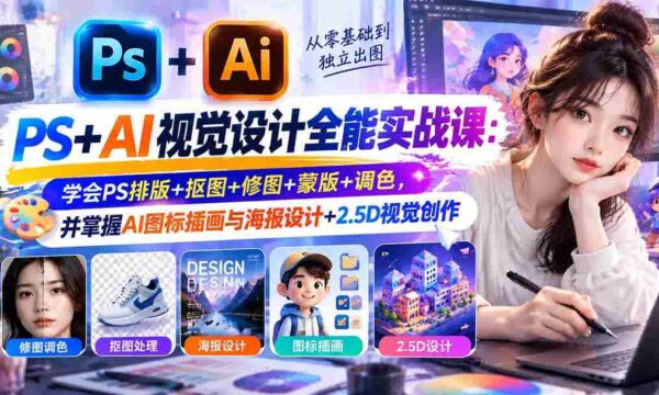 零基础精通】PS与AI视觉设计大师班：全面掌握PS排版技巧、抠图修图艺术，深度解析蒙版调色，同时解锁AI图标插画与海报制作、2.5D视觉创作秘密