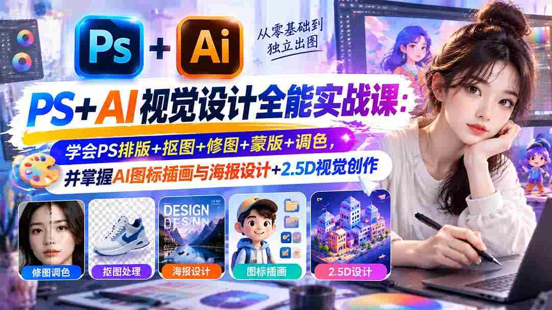 零基础精通】PS与AI视觉设计大师班：全面掌握PS排版技巧、抠图修图艺术，深度解析蒙版调色，同时解锁AI图标插画与海报制作、2.5D视觉创作秘密